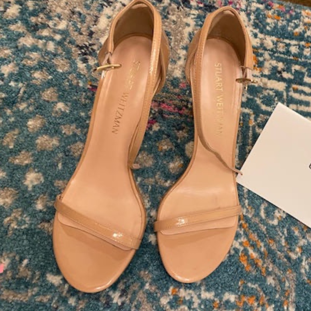 Stuart Weitzman Nude Patent Leather Ankle Strap Heels